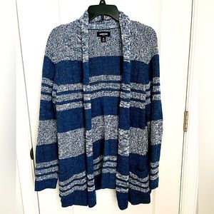 Lands End Cable Knit Drifter Open Cardigan Navy Blue Marl with Pockets